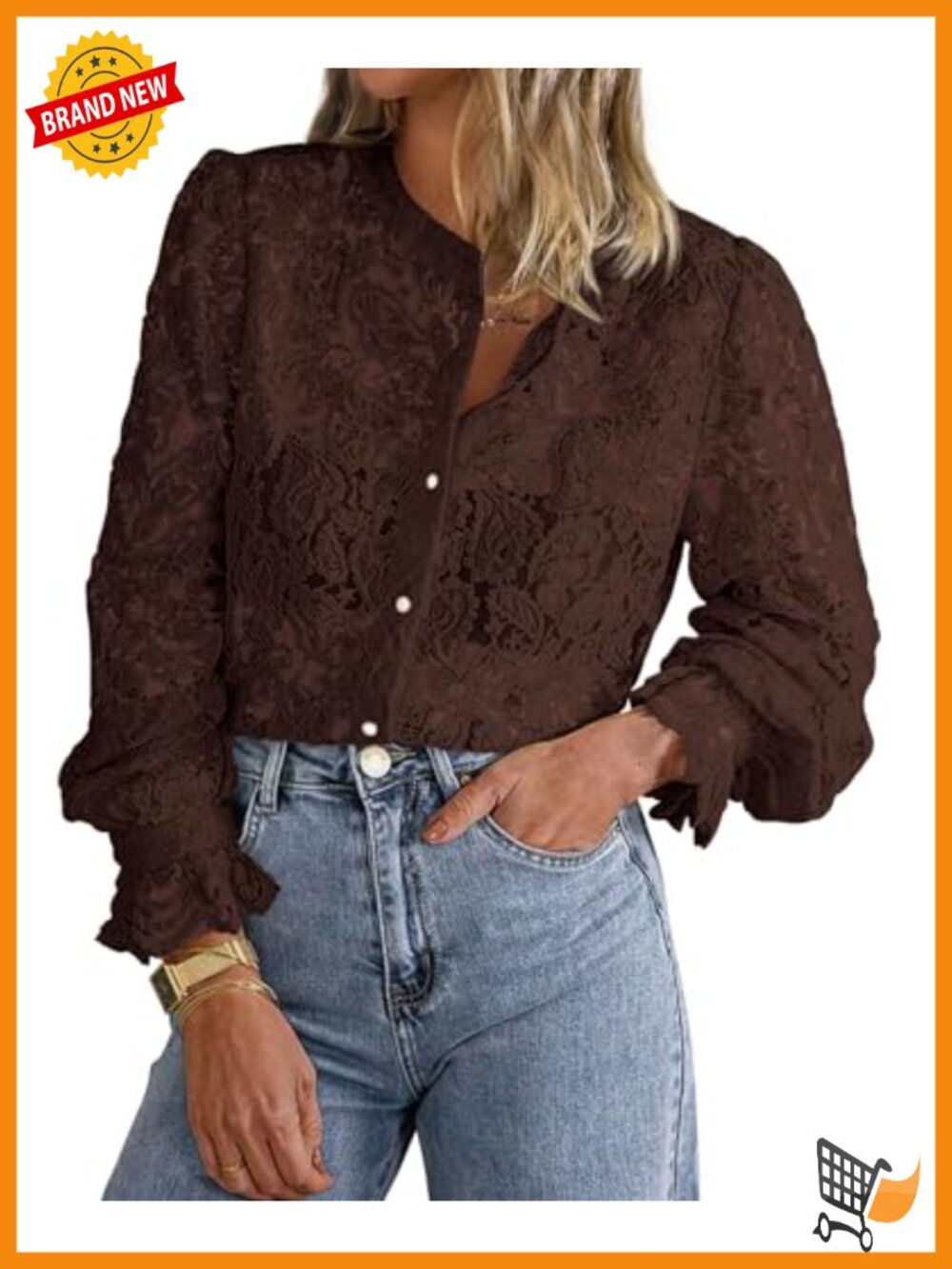 Women's Long Sleeve Lace Button Down Blouse Sheer Work Top